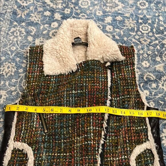 Desigual Faux Sherpa Leather Tweed Moto Bohemian Zip Up Mixed Media Vest - Picture 10 of 11